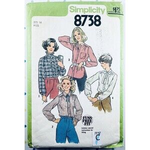 Vtg 70s Simplicity 8738 Blouse Tunic Stand Up Ruffle Collar Pattern Sz 14 CUT